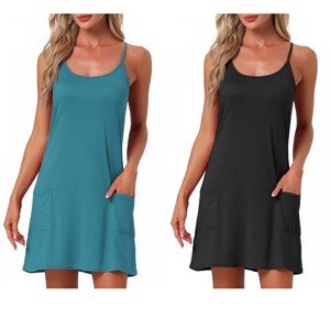 INSPIRE CHIC Women's 2 Pcs Sleeveless Racerback Midi Sleepdress Chemise Nightgowns with Pockets - 1 of 4
