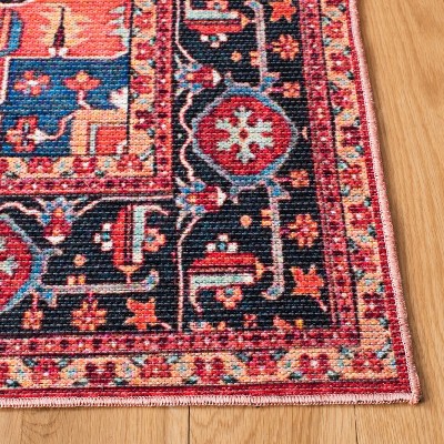 Serapi Red and Blue Square Machine Washable Rug
