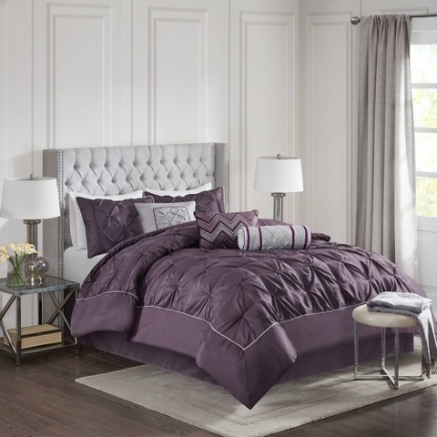 Madison Park Piedmont 7 Piece Comforter Set - Plum (Queen): Luxury Hypoallergenic Bedding, Embroidered Details, Includes Shams & Pillows