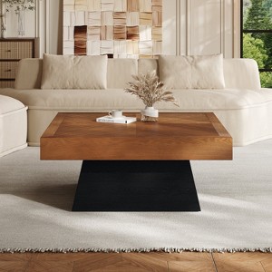 Modern Square Coffee Table for Living Room 31.5 Inch, Brown Wood Grain Top & Black Base, Mid-Century Farmhouse Style Center Accent Table - 1 of 4