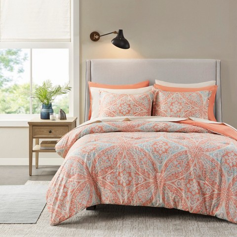Regency Heights 9Pcs Premium Touch BIAB Comforter Set, Metallic Print Trending Design Bedding Set with Matching Shams and Sheets, Coral, Queen
