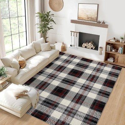 Washable Non-Slip Runner Rug - Plaid Hallway, Kitchen, Entryway Mat - Stain Resistant Farmhouse Carpet