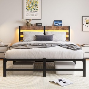 Kumasinova Twin/Full/Queen Bed Frame with USB Charging,Metal Bed Frames with Headboard,LED Bed with Sturdy Steel Slats for Bedroom - 1 of 4