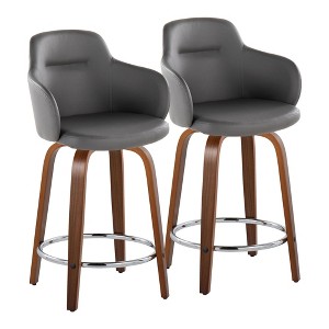 24" Contemporary Fixed-Height Counter Stool with Swivel in Wood and Faux Leather with Round Footrest - Set of 2 - 1 of 4