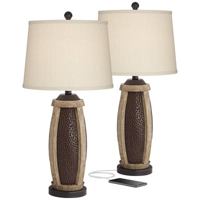 John Timberland Parker Rustic Farmhouse Table Lamps 28 1/2" Tall Set of 2 Hammered Bronze Wood with USB Charging Port Oatmeal Tapered Drum for Bedroom