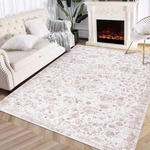 Washable Floral Print Area Rug - Soft Boho Carpet Non-Slip Low Pile Large Accent Rug for Living Room Bedroom Nursery Dining Room - 1 of 4