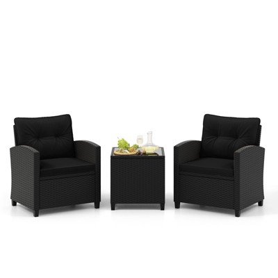 Tangkula 3 Piece Patio Furniture Set, Rattan Conversation Set w/Soft Seat & Back Cushions, Tempered Glass Topped Coffee Table Black