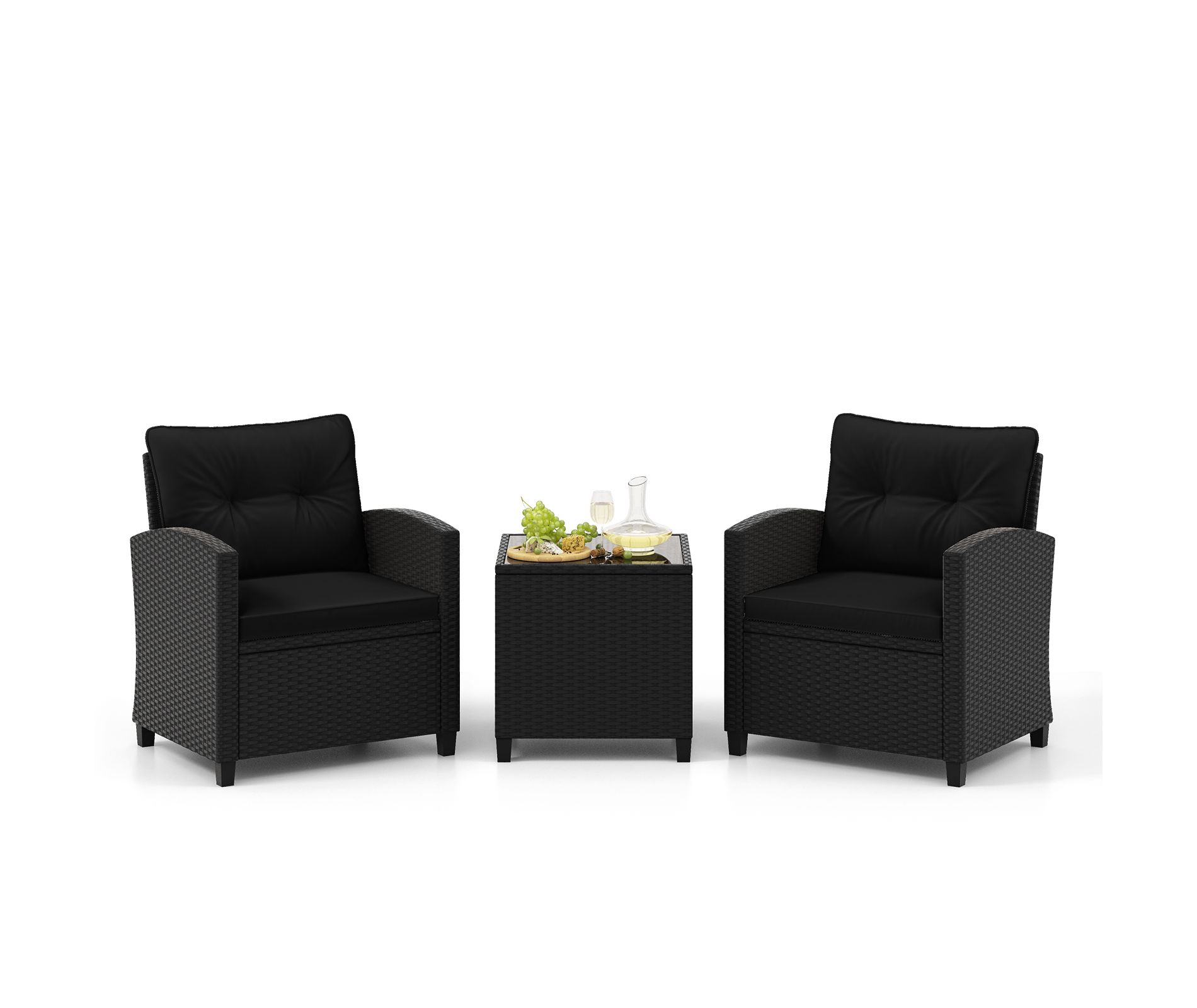Tangkula 3 Piece Patio Furniture Set, Rattan Conversation Set w/Soft Seat & Back Cushions, Tempered Glass Topped Coffee Table Black
