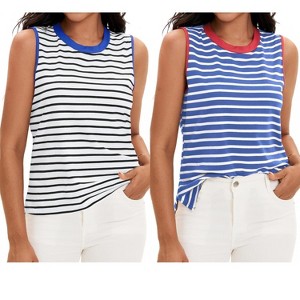 ATHLECHIC Women's Striped Color Block Side Slits Crew Neck Casual Sleeveless Shirts 2 Packs - 1 of 4