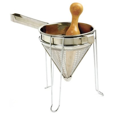 Norpro Stainless Steel Chinois Fine Mesh Soup Sauce Strainer Juicer with Stand and Rubberwood Pestle, Silver