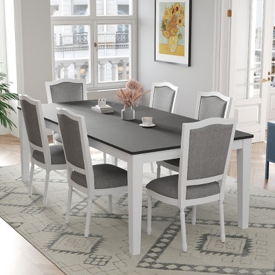 7 PCS Farmhouse Style Dining Set, Extendable Table with Storage Drawers, Upholstered Rubber Wood Frame Chairs with Foam Cushion-Coolbibila