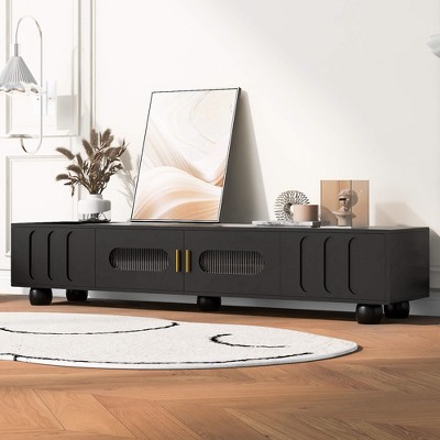 ORRD 80" Modern TV Stand with Glass Doors - Solid Wood Legs & Metal Handles, Living Room Entertainment Center（Black）