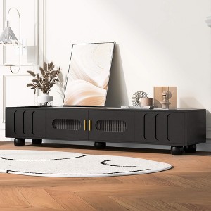 ORRD 80" Modern TV Stand with Glass Doors - Solid Wood Legs & Metal Handles, Living Room Entertainment Center（Black） - 1 of 4