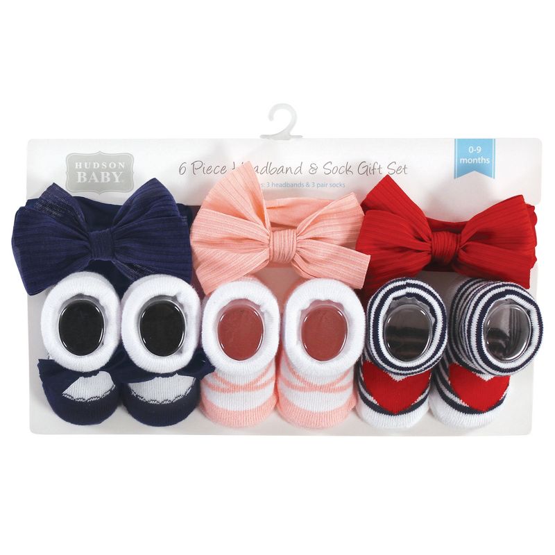 Hudson Baby Infant Girls Headband and Socks Giftset, Red Blue Bows, One Size, 2 of 6