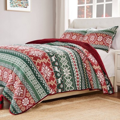 Fair Isle Red and Green Reversible Twin Microfiber Quilt Set