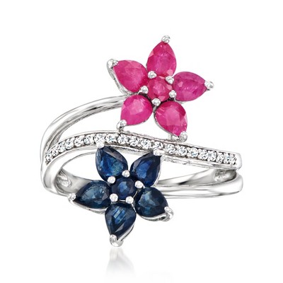 Ross-Simons 1.09 ct. t.w. Ruby and .99 ct. t.w. Sapphire Flower Bypass Ring With .10 ct. t.w. Diamonds in Sterling Silver