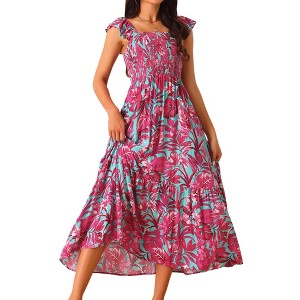 INSPIRE CHIC Women's Summer Boho Smocked Square Neck Cap Sleeve Ruffle Floral Flowy Tiered Maxi Sundress - 1 of 4