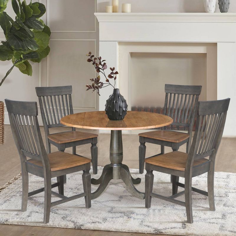 5pc 42&#34; Round Dual Drop Leaf Dining Table with 4 Slat Back Chairs Hickory/Washed Coal - International Concepts, 3 of 11