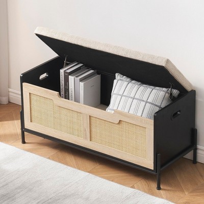 Rattan Storage Bench - Lift Top Storage Trunk, Entryway Storage Bench
