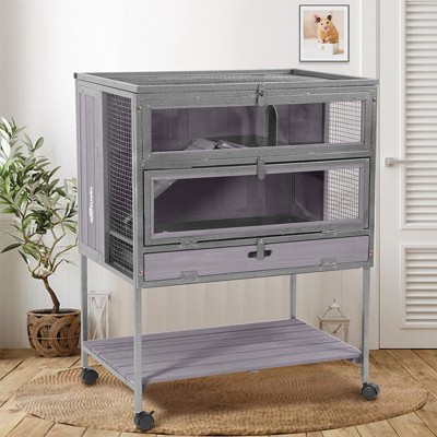 Light Gray Wooden Frame Hamster and Rat Cage with Wheels