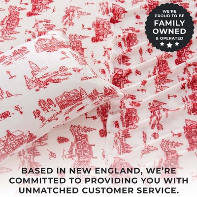 Full Red Snowtown Toile Print Velvet Plush Sheet Set