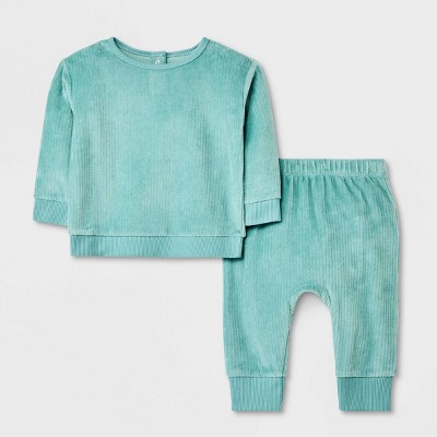 Baby 2pc Ribbed Velour Top & Bottom Set - Cat & Jack™ Green 6-9M