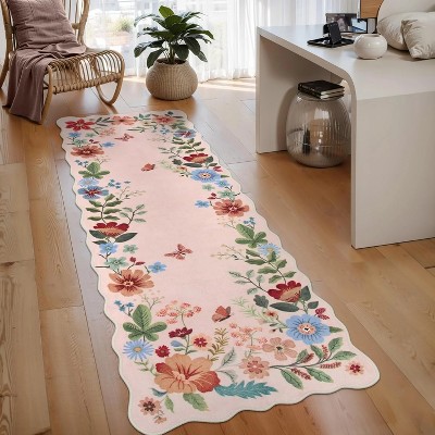 Floral rug (2'x6') for hallway, kitchen rug, ultra-thin soft, non-slip, washable, stain-resistant, bohemian style velvet rug