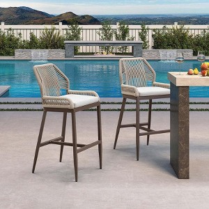 PURPLE LEAF Patio Sunbrella Bar Stools Set of 2 Handwoven Wicker Bar Height Stool Modern Aluminum Outdoor Wicker Barstools with Back and Cushion - 1 of 4
