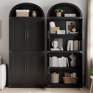 72" Arched Farmhouse Bookshelf - 5 Shelves Tall Wooden Display Cabinet, Glass/Wood Door Storage Cabinet - 1 of 4