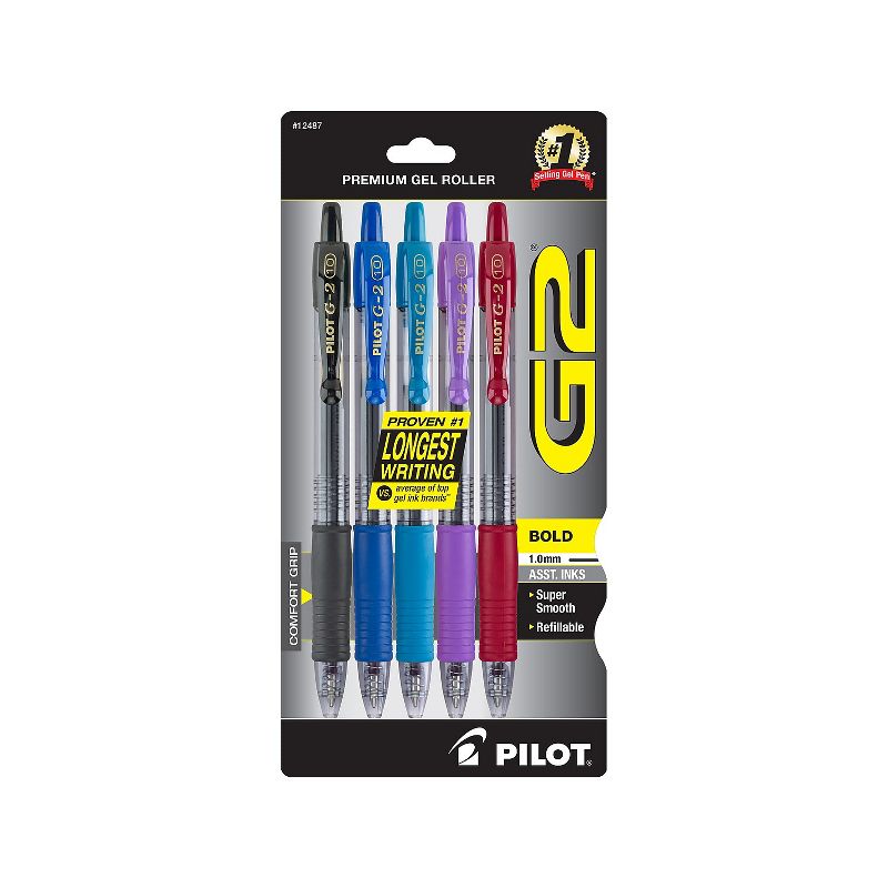 Pilot G2 Retractable Gel Pens Bold Point Assorted Ink 5/Pack (G21C5002/12487), 1 of 2