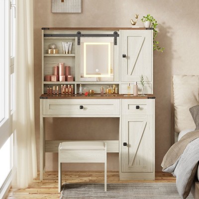 EROMMY Farmhouse Vanity Desk With Mirror And Lights, Western Vanity With Jewelry Storage & Power Outlet, Tempered Glass Top & Sliding Mirror