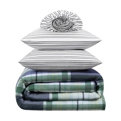 Queen Green and Blue Microfiber Plaid 7-Piece Bedding Set