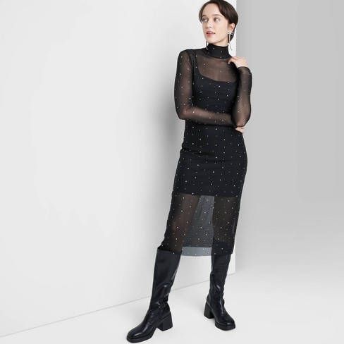 Women s Long Sleeve Rhinestone Mesh Midi Dress Wild Fable Black