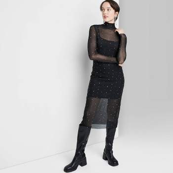 Women's Long Sleeve Rhinestone Mesh Midi Dress - Wild Fable™ Black