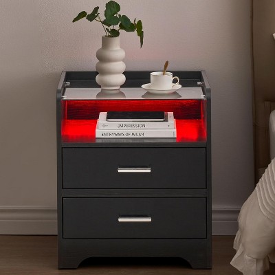 LED Night Stand with 2 Drawers, Smart End Side Table with LED Lights and Glass Top, Modern Bedside Table with Open Storage for Bedroom