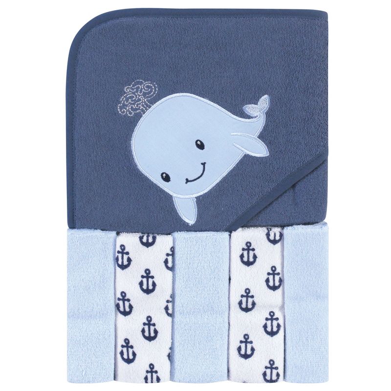 Hudson Baby Infant Boy Hooded Towel and Five Washcloths, Sailor Whale, One Size, 1 of 4