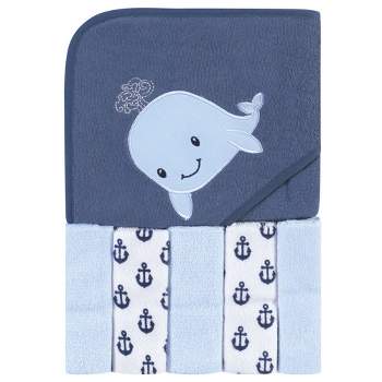 Hudson Baby Infant Boy Hooded Towel and Five Washcloths, Sailor Whale, One Size