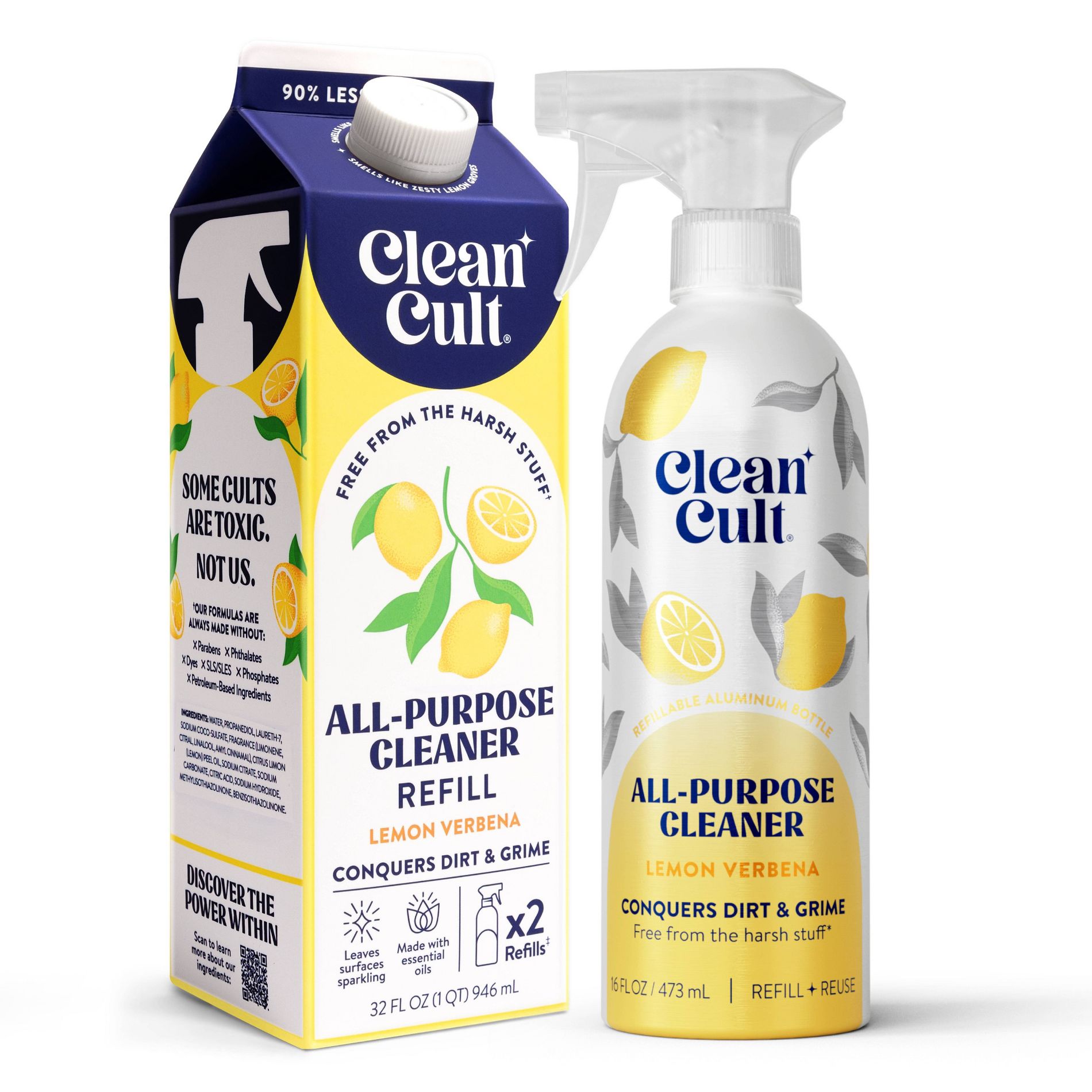Clean Cult All Purpose Cleaner Refillable Aluminum Bottle Lemon Verbena 16 fl oz + 32 fl oz All Purpose Cleaner Refill Lemon Verbena