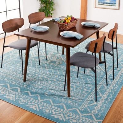 Turquoise and Ivory Rectangular Wool Boho Area Rug 5'3"x7'6"