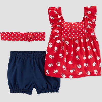 Image of Baby Girls' 2pc Floral Chambray Top & Bottom Set with Headband - Just One You® made by carter's Red/Navy 9M
