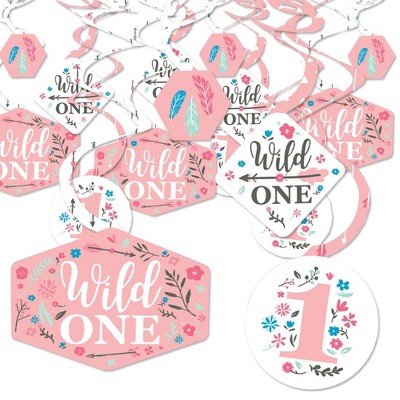 Big Dot of Happiness She's a Wild One - Boho Floral 1st Birthday Party Hanging Decor - Party Decoration Swirls - Set of 40