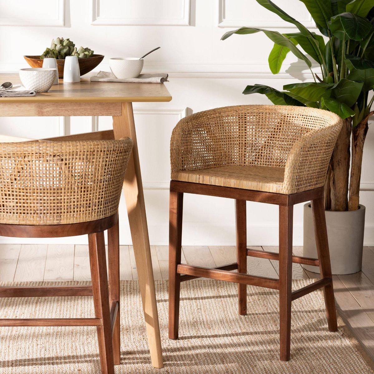 bali & pari Papua Natural Rattan and Acacia Wood Counter Height Barstool Natural Brown/Walnut Brown: 30 Day Limited Warranty, Spot Clean - thumbnail 3