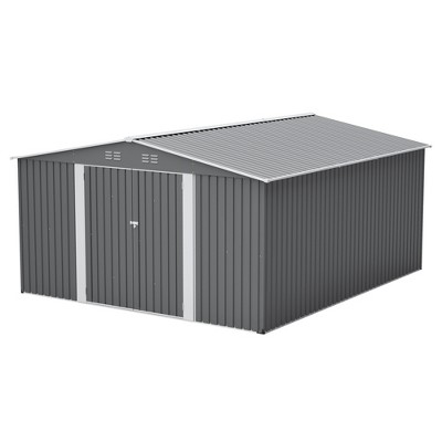 Vynxaria 12¡Á14FT Outdoor Metal Storage Shed, Large Waterproof Garden Tool Shed with Lockable Double Doors for Patio/Yard, Light Gray
