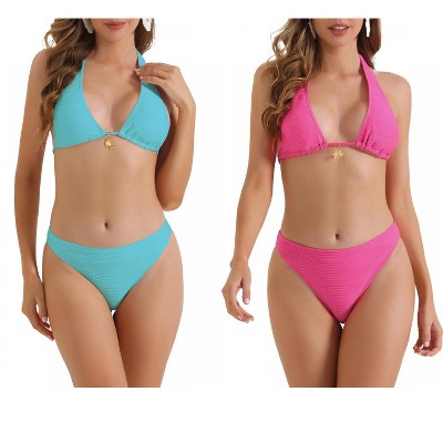 INSPIRE CHIC Women's Halter Ribbed Wide Strap Tie Back Triangle Bottoms Swimwear Bathing Bikini Suits 2 Sets