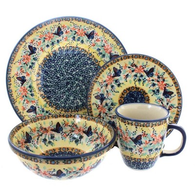 Blue Rose Polish Pottery Blue Butterfly 16 Piece Dinner Set