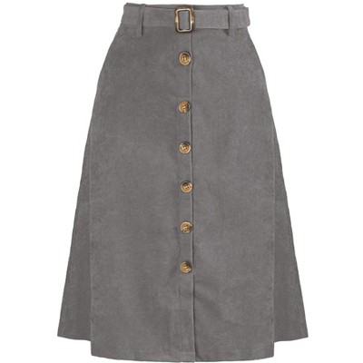 Allegra K Women's High Waist Solid Button Front A-Line Belted Corduroy Midi Skirt