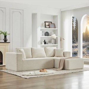 106" Corduroy Upholstery L-Shaped Cloud Modular Sectional Sofa with Right Chaise and Pillows, All-Foam Compression Design - 1 of 4