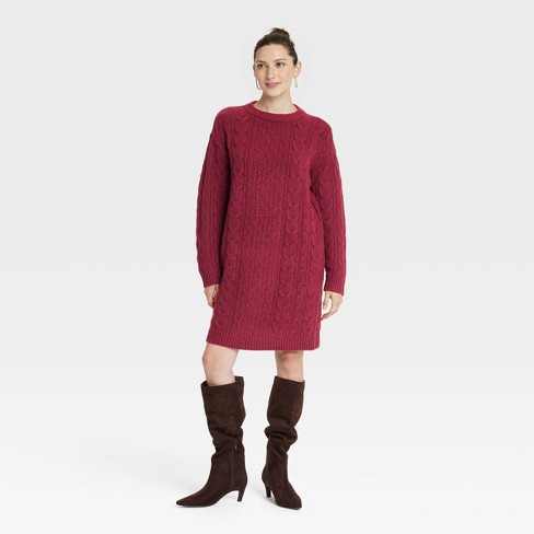 Women s Long Sleeve Cable Knit Mini Sweater Dress Universal Thread Maroon M Target