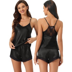 cheibear Women's Satin Sliky Sleeveless Lace Trim Camisole Tops with Shorts Pajamas Sets - 1 of 4