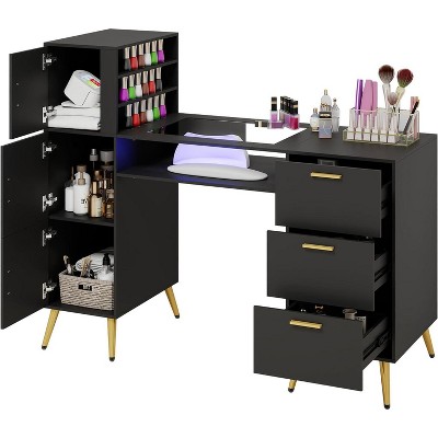 ELECWISH Portable Nail Desk with Drawers, Manicure Table Nail Desk for Nail Teck w/Glass Top and Wrist Rest, Nail Station Desk Metal Handles & Legs